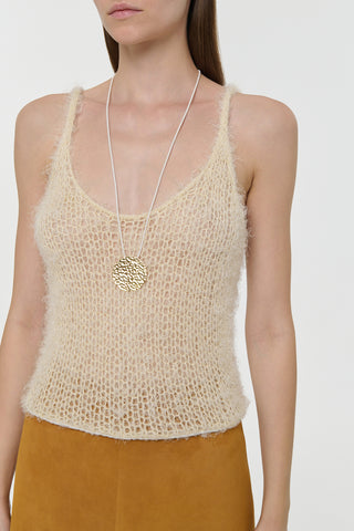 Gold Wheel of Fortune Pendant Necklace - Model Wearing Detail | Gabriela Hearst