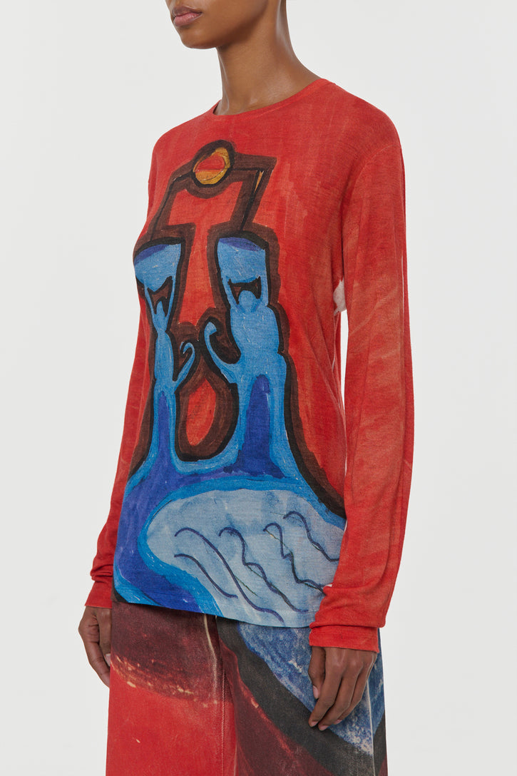 Isaro Long Sleeve T-shirt in Air Multi Printed Cashmere Jersey