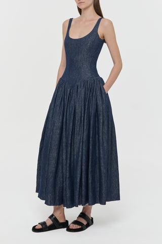 Denim Isai Dress - Side Profile On Model | Gabriela Hearst