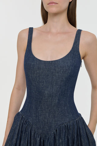 Stone Washed Denim Dress - Structured Neckline Close-Up | Gabriela Hearst