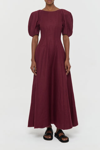 Bordeaux Linen Ranya Maxi Dress with Puff Sleeves - Front View | Gabriela Hearst