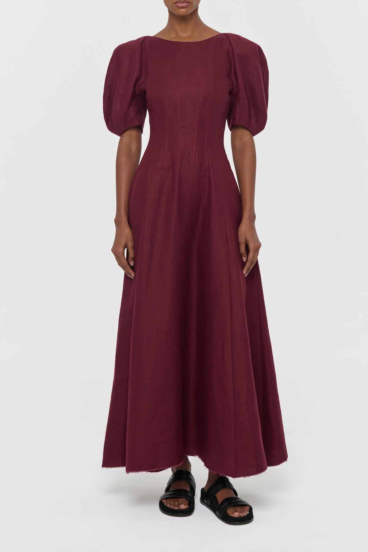 Ranya Puff Sleeve Maxi Dress in Bordeaux Linen Twill