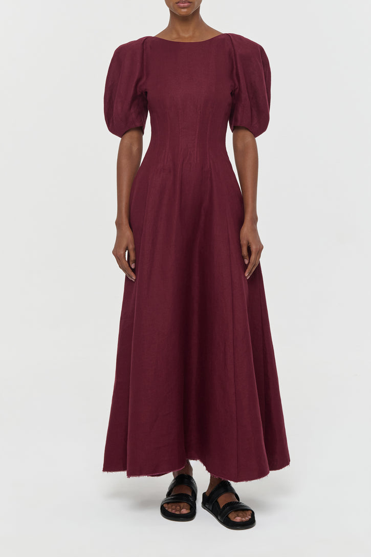 Ranya Puff Sleeve Maxi Dress in Bordeaux Linen Twill