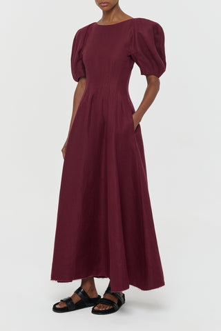 Bordeaux Linen Puff Sleeve Maxi Dress with Pocket - Three-Quarter Side View | Gabriela Hearst