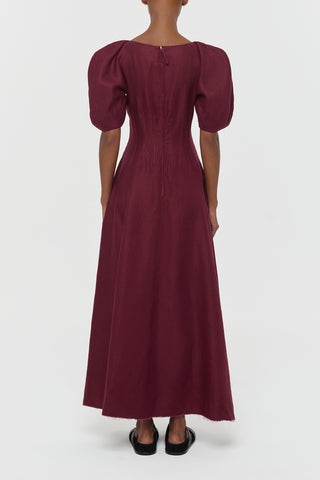 Bordeaux Linen Twill Ranya Dress - Back Close-Up with Gold Zip and Seam Detail | Gabriela Hearst