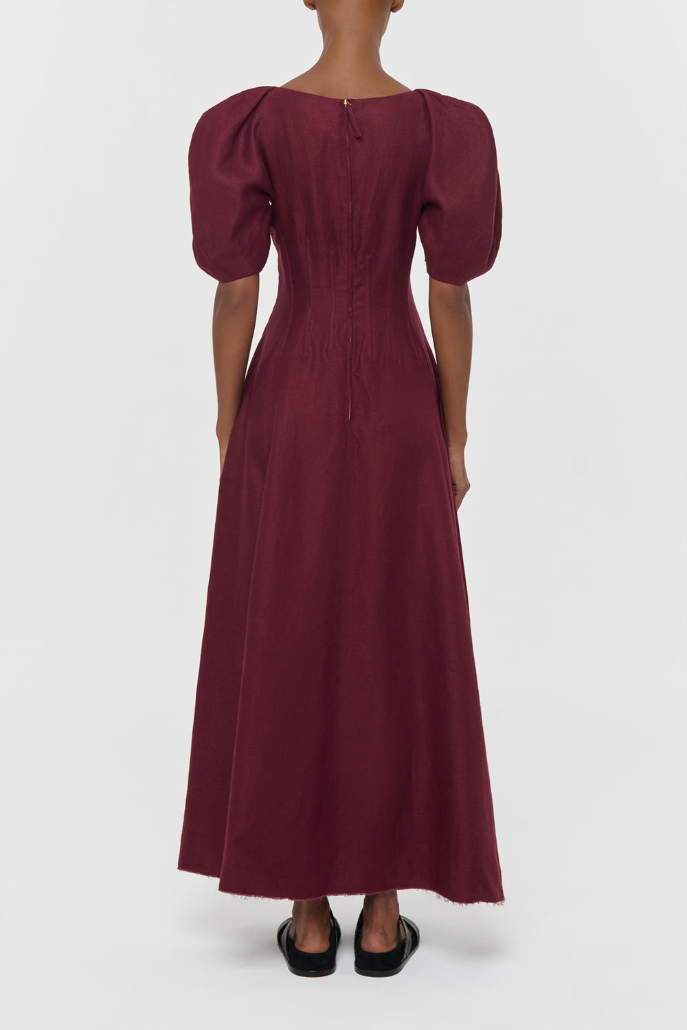 Ranya Puff Sleeve Maxi Dress in Bordeaux Linen Twill