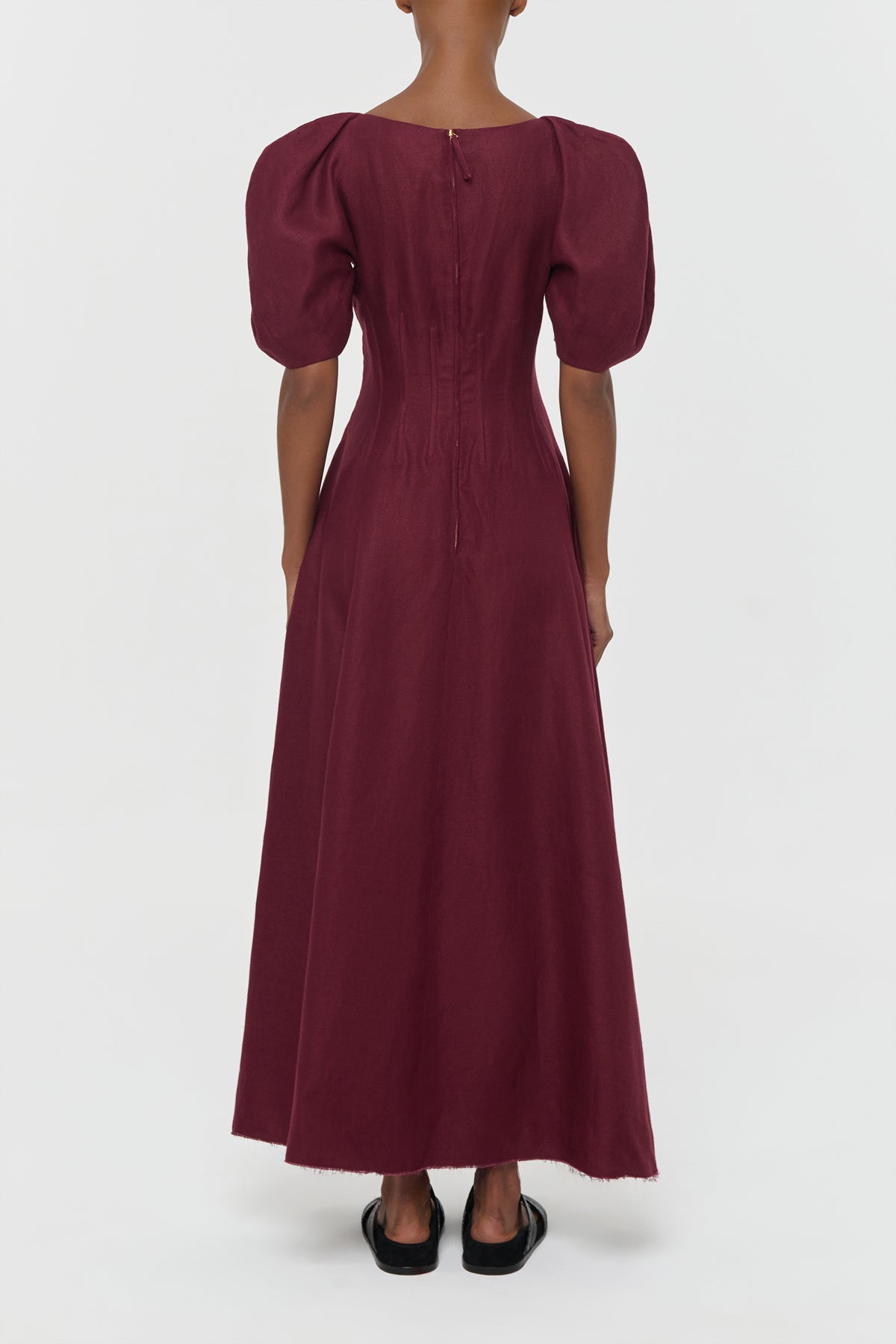 Ranya Puff Sleeve Maxi Dress in Bordeaux Linen Twill