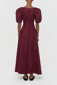 Ranya Puff Sleeve Maxi Dress in Bordeaux Linen Twill
