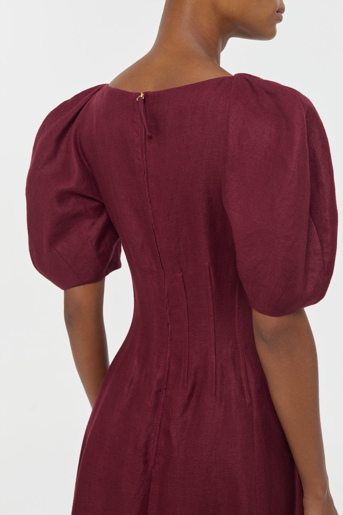 Ranya Puff Sleeve Maxi Dress in Bordeaux Linen Twill
