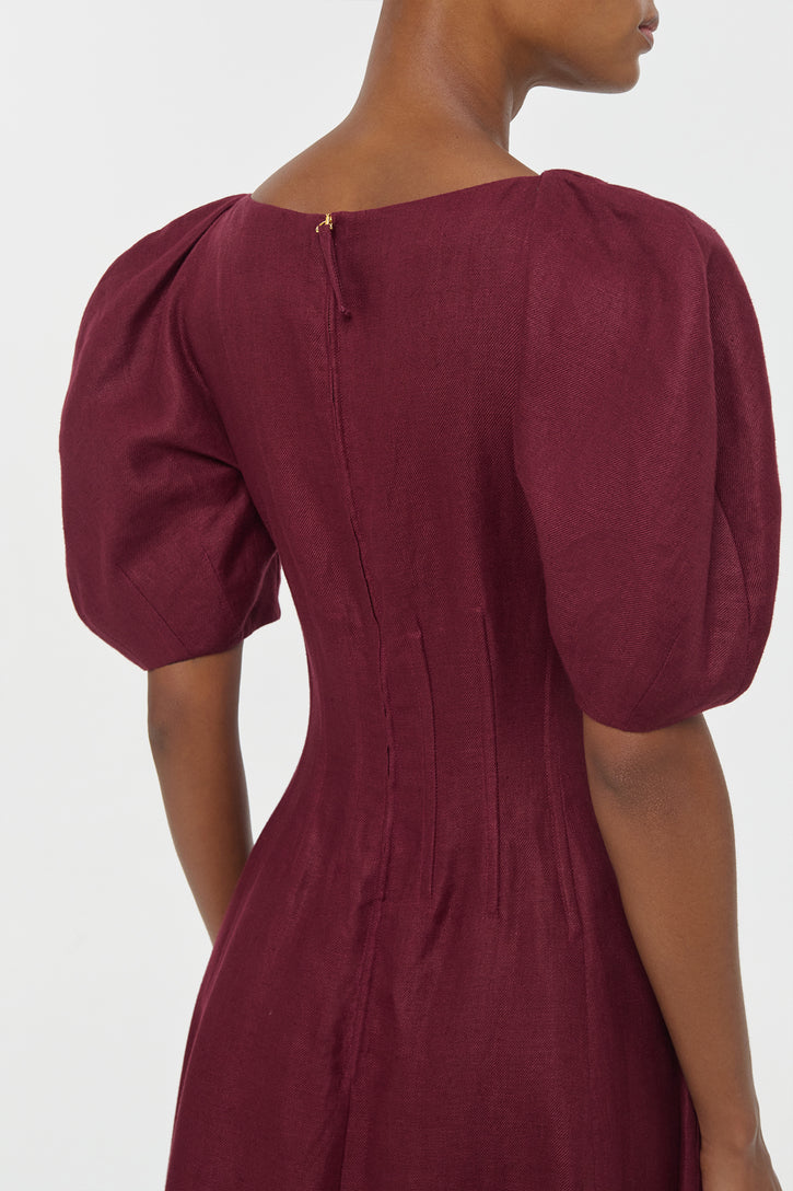 Ranya Puff Sleeve Maxi Dress in Bordeaux Linen Twill