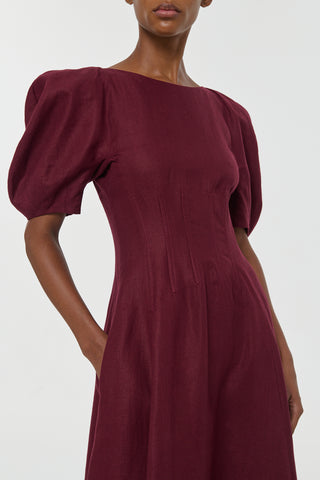 Bordeaux Linen Twill Dress - Sculptural Puff Sleeve Close-Up Detail | Gabriela Hearst