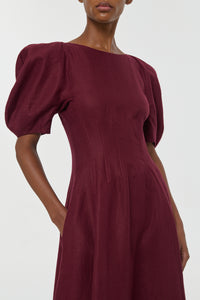 Ranya Puff Sleeve Maxi Dress in Bordeaux Linen Twill