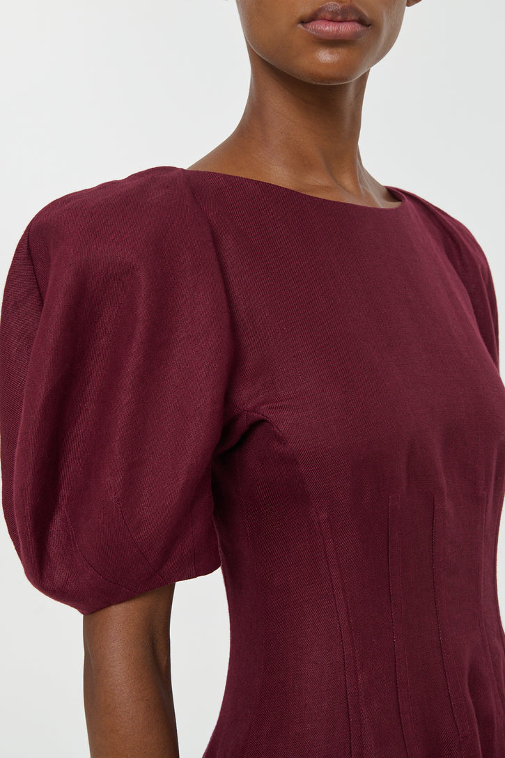 Ranya Puff Sleeve Maxi Dress in Bordeaux Linen Twill