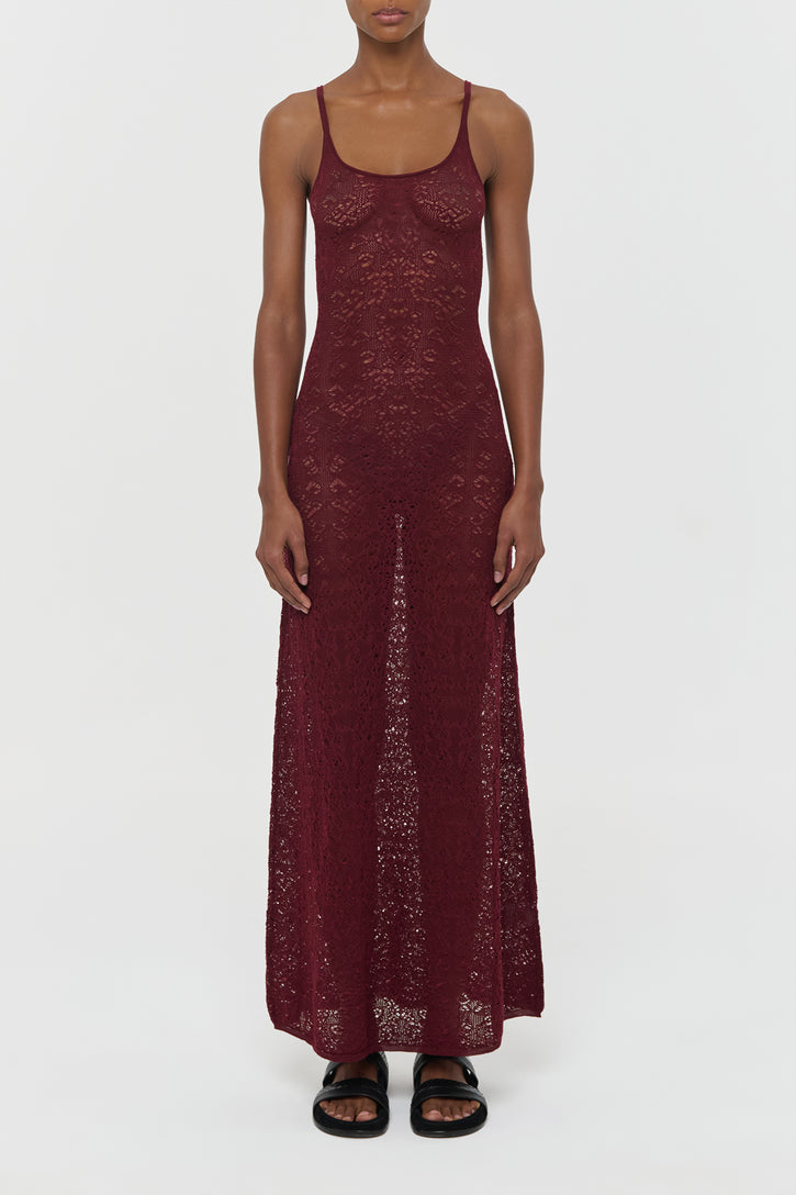 Meridian Lace Knit Maxi Dress in Bordeaux Merino Wool with Lining