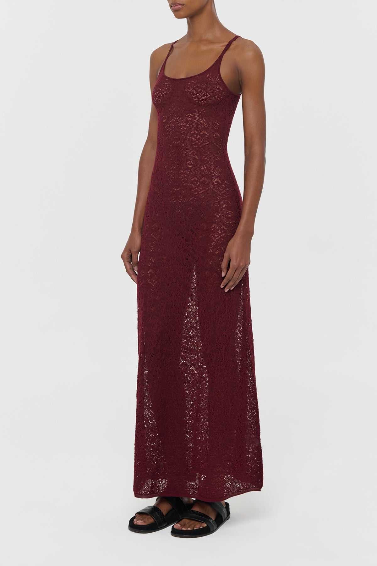 Meridian Lace Knit Maxi Dress in Bordeaux Merino Wool with Lining