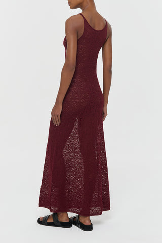 Bordeaux Merino Wool Meridian Lace Knit Maxi Dress - Back View On Model | Gabriela Hearst