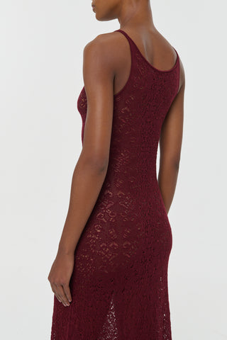 Bordeaux Merino Wool Meridian Lace Knit Maxi Dress - Back Side Profile On Model | Gabriela Hearst