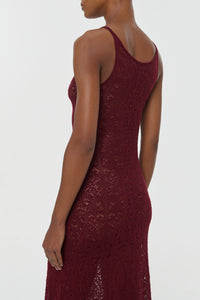 Meridian Lace Knit Maxi Dress in Bordeaux Merino Wool with Lining
