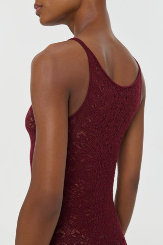 Bordeaux Merino Wool Meridian Lace Knit Maxi Dress - Back Neckline Close Up | Gabriela Hearst