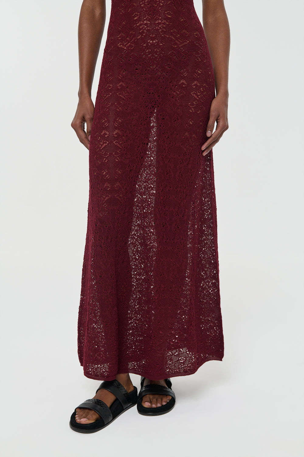 Meridian Lace Knit Maxi Dress in Bordeaux Merino Wool with Lining