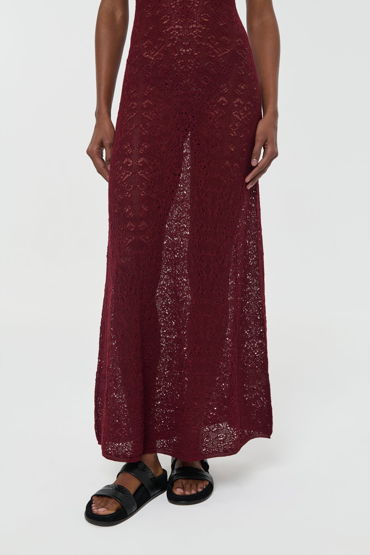 Meridian Lace Knit Maxi Dress in Bordeaux Merino Wool with Lining