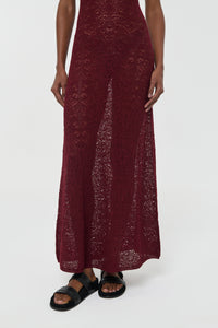 Meridian Lace Knit Maxi Dress in Bordeaux Merino Wool with Lining