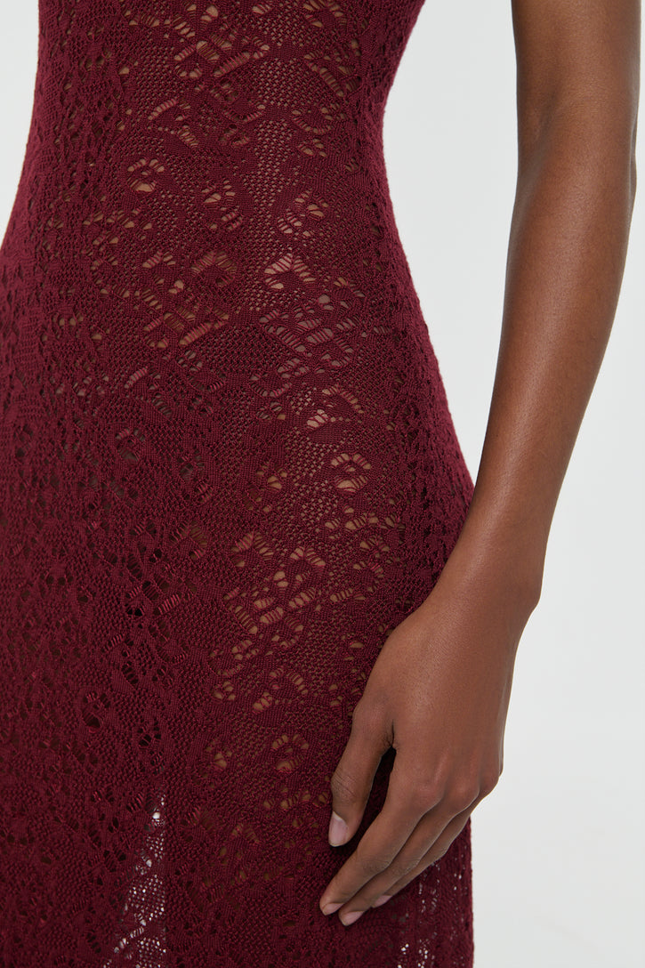 Meridian Lace Knit Maxi Dress in Bordeaux Merino Wool with Lining