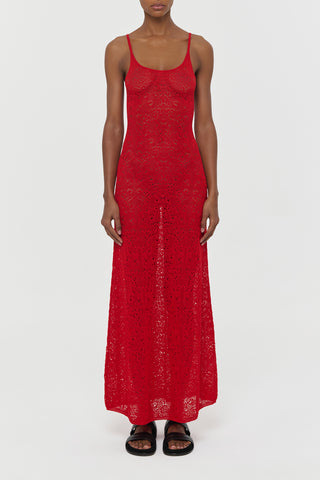 Red Lace Knit Merino Wool Meridian Dress - Front View On Model | Gabriela Hearst