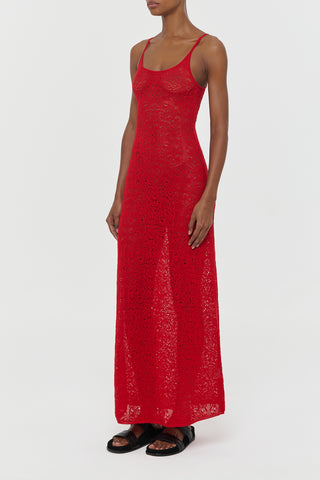 Red Lace Knit Merino Wool Meridian Dress - Side Profile On Model | Gabriela Hearst