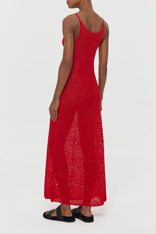Red Lace Knit Merino Wool Meridian Dress - Back View On Model | Gabriela Hearst