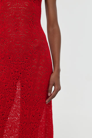 Red Lace Knit Merino Wool Meridian Dress - Texture Detail Close Up | Gabriela Hearst