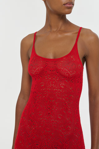 Red Lace Knit Merino Wool Meridian Dress - Neckline Detail On Model | Gabriela Hearst