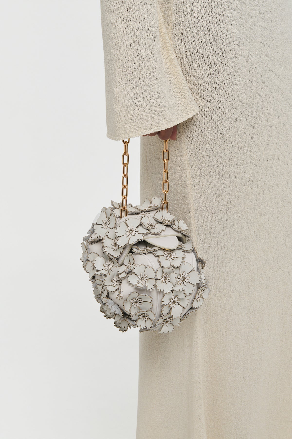 Soft Demi Embroidered Floral Clutch with Chain in Ivory Leather