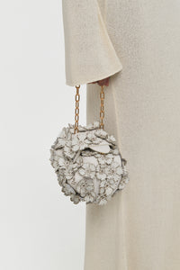 Soft Demi Embroidered Floral Clutch with Chain in Ivory Leather