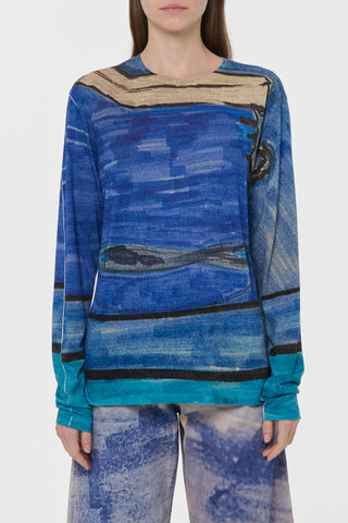 Blue Multi Printed Cashmere Long Sleeve Tee - Front View On Model | Gabriela Hearst