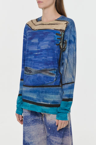 Blue Multi Printed Cashmere Long Sleeve Tee - Side Angle On Model | Gabriela Hearst