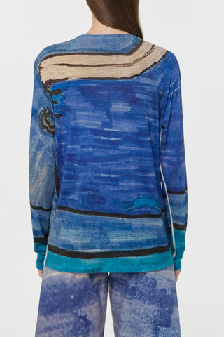 Blue Multi Printed Cashmere Long Sleeve Tee - Back View On Model | Gabriela Hearst