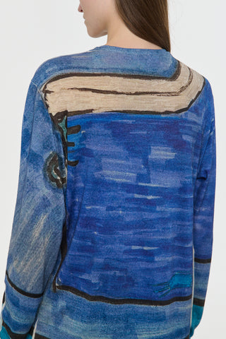 Blue Multi Printed Cashmere Long Sleeve Tee - Side Back View On Model | Gabriela Hearst