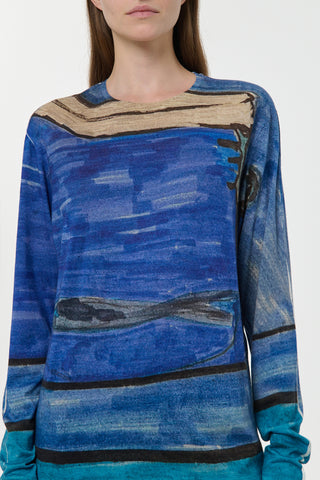 Blue Multi Printed Cashmere Isaro Tee - Front Detail On Model | Gabriela Hearst