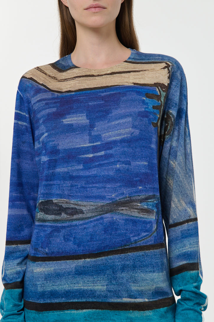Isaro Long Sleeve T-shirt in Water Multi Printed Cashmere Jersey