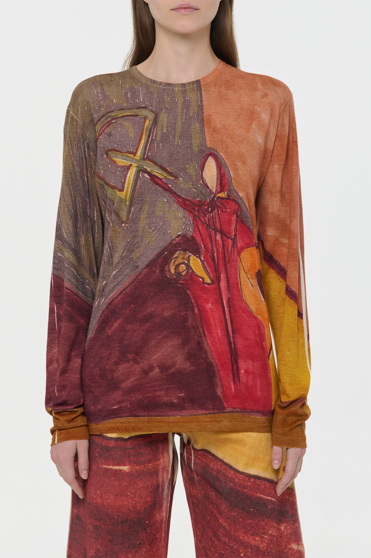 Isaro Long Sleeve T-shirt in Fire Multi Printed Cashmere Jersey