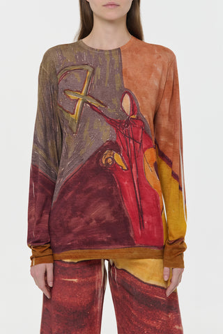 Isaro Long Sleeve T-shirt in Fire Multi Printed Cashmere Jersey