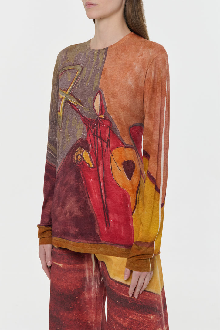 Isaro Long Sleeve T-shirt in Fire Multi Printed Cashmere Jersey