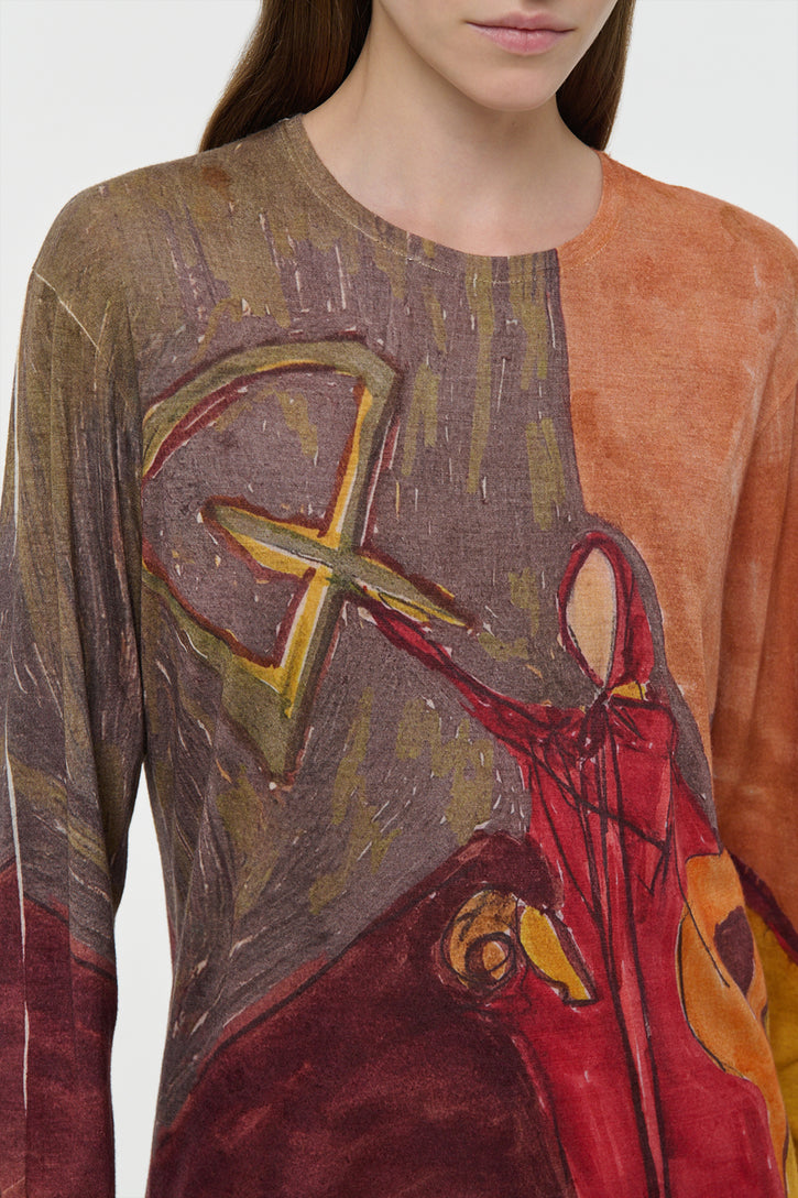 Isaro Long Sleeve T-shirt in Fire Multi Printed Cashmere Jersey