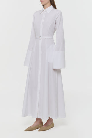 White Sea Island Cotton Maxi Dress - Side Profile On Model | Gabriela Hearst