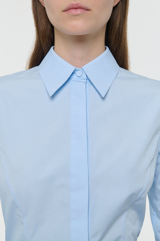 Light Blue Sea Island Cotton Jataya Shirt Collar Detail - Close-Up On Model | Gabriela Hearst