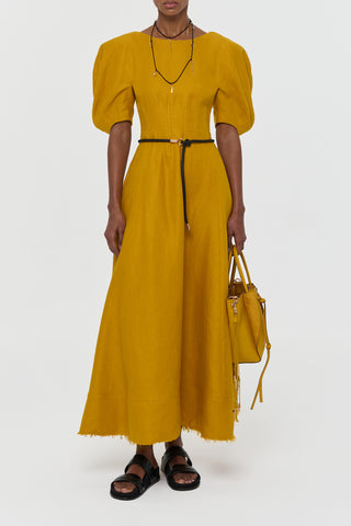 Golden Birch Linen Ranya Dress - Studio Front View on Model | Gabriela Hearst