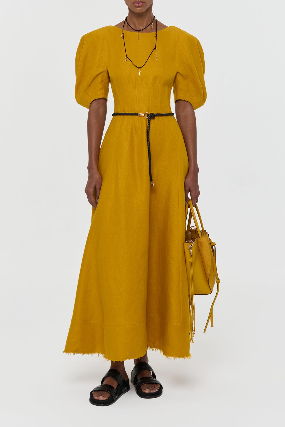 Ranya Puff Sleeve Maxi Dress in Golden Birch Linen Twill