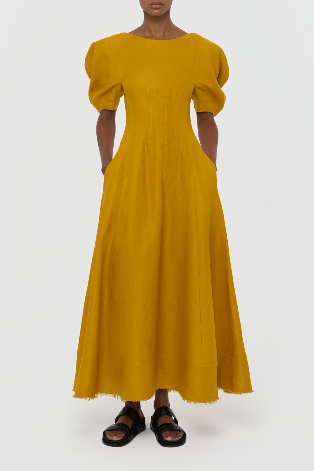 Ranya Puff Sleeve Maxi Dress in Golden Birch Linen Twill