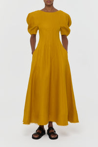 Ranya Puff Sleeve Maxi Dress in Golden Birch Linen Twill